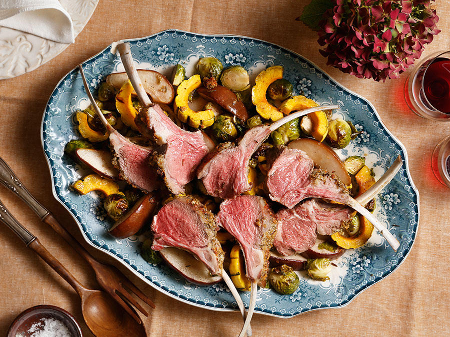 Rack of Lamb With Maple-Roasted Brussels Sprouts, Delicata Squash, and Pears